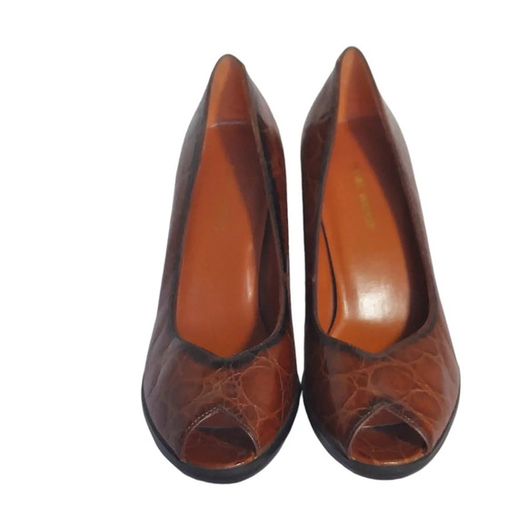 Nine West Cognac Alligator Embossed Leather Open Toe Heels Block Heel - Picture 2 of 15